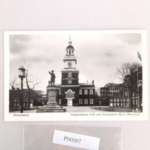 Vintage 1936 Real Photo Postcard Independence Hall & Commodore Barry Monument
